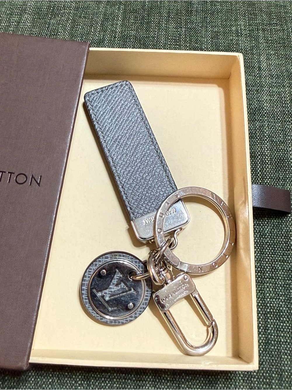Louis Vuitton Gray Textured Leather Key Ring with Branded Charms